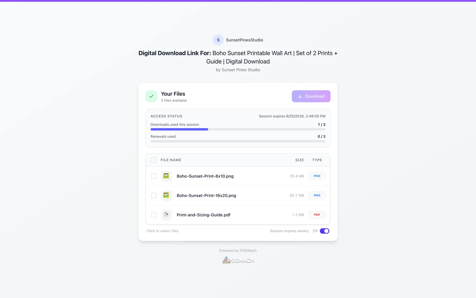 Your download page — files listed with sizes, your session status, and per-file or everything-at-once download.
