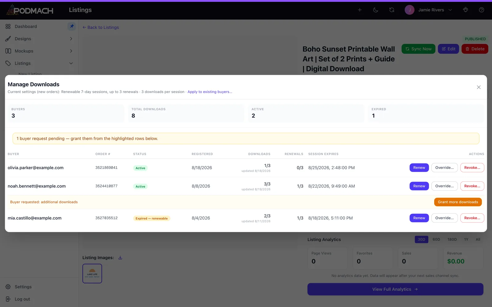 Manage Downloads with a pending request — the highlighted row shows the ask and its one-click grant.
