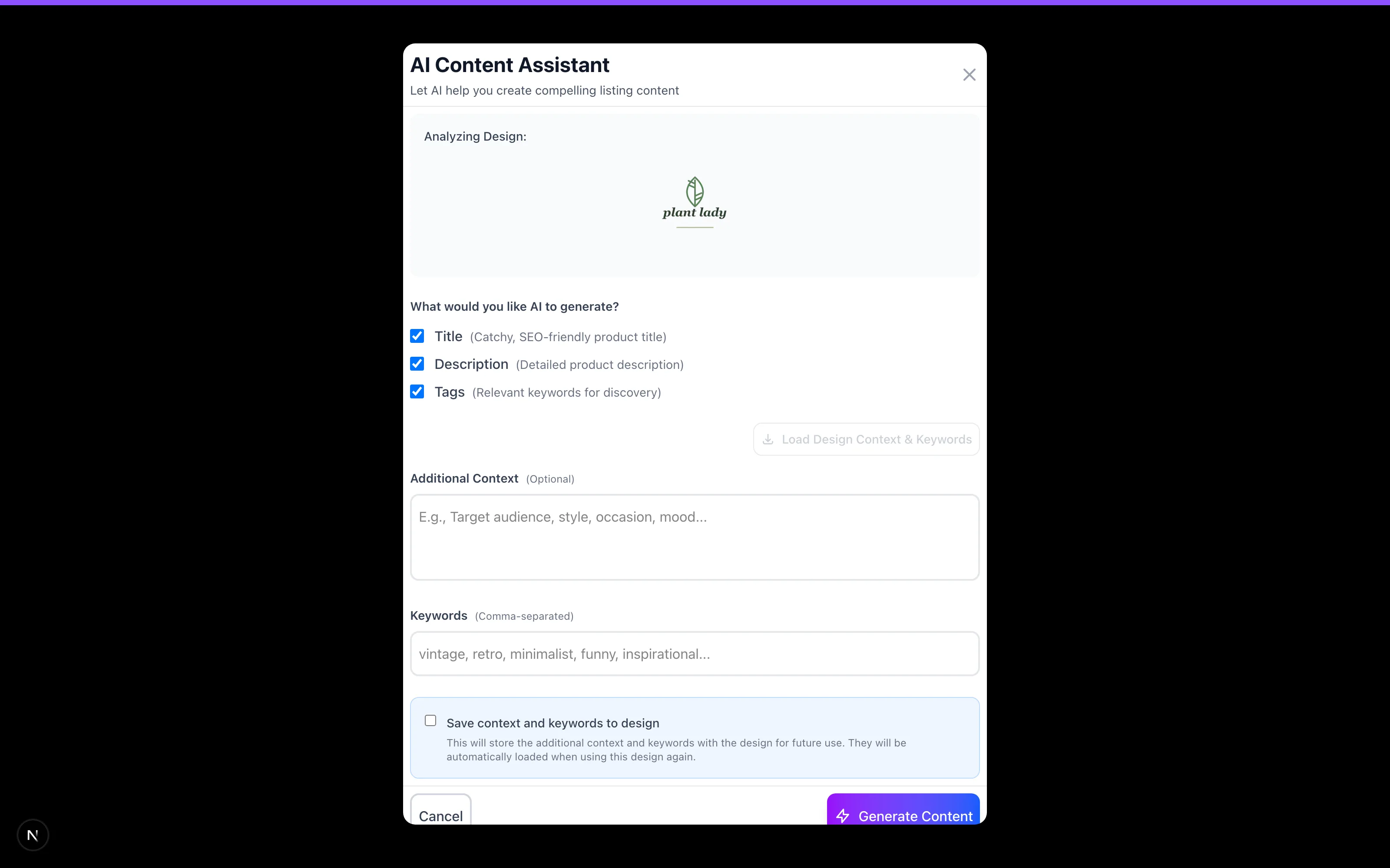 The AI content assistant — it analyzes your design and drafts the title, description, and tags together.